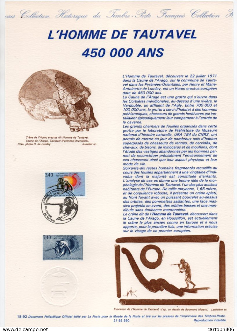 - Document Premier Jour L'HOMME DE TAUTAVEL 20.6.1992 - 450 000 ANS - - Prehistory