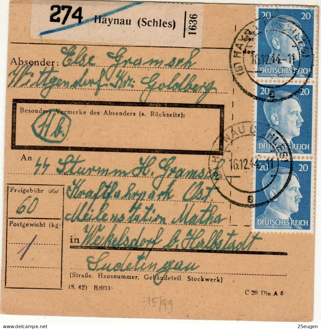 GERMANY THIRD REICH 1944 PRINT SENT FROM HAYNAU /CHOJNÓW/ TO WEKELSDORF - Other & Unclassified