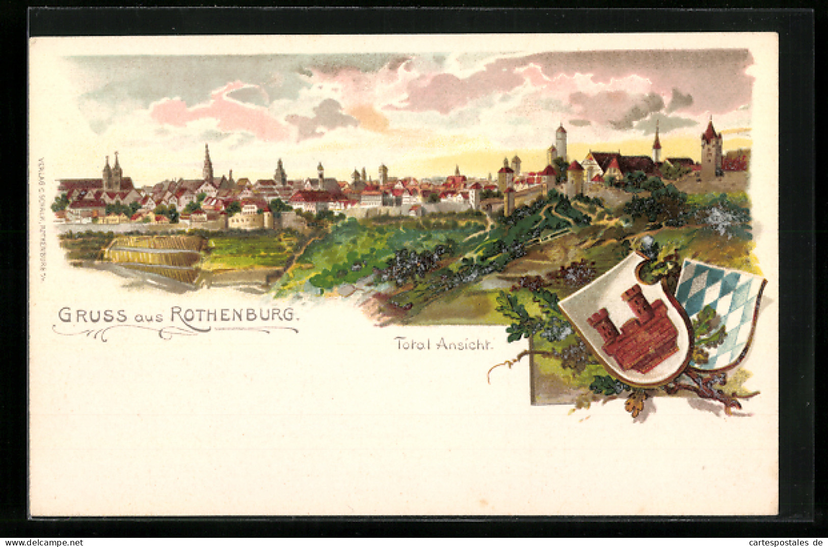 Lithographie Rothenburg, Totalansicht Und Wappen  - Rothenburg O. D. Tauber