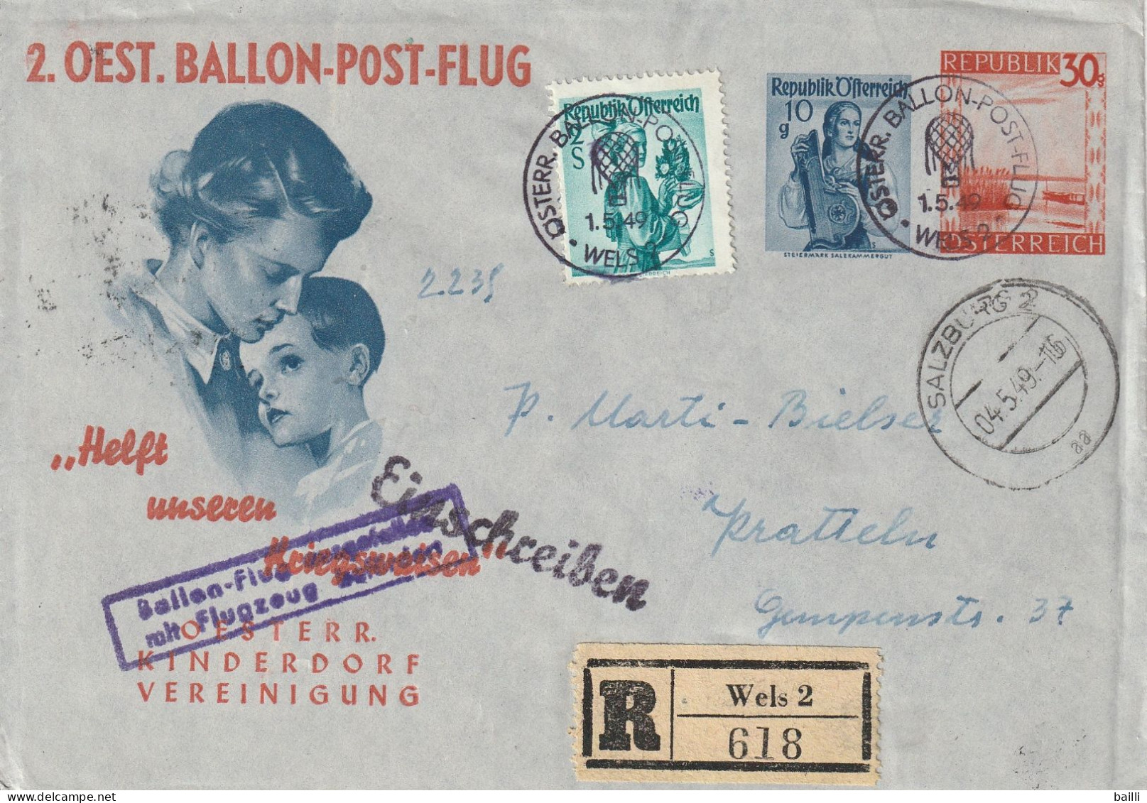 Autriche Entier Postal Illustré Recommandé Poste Par Ballon Wels 1949 - Briefe