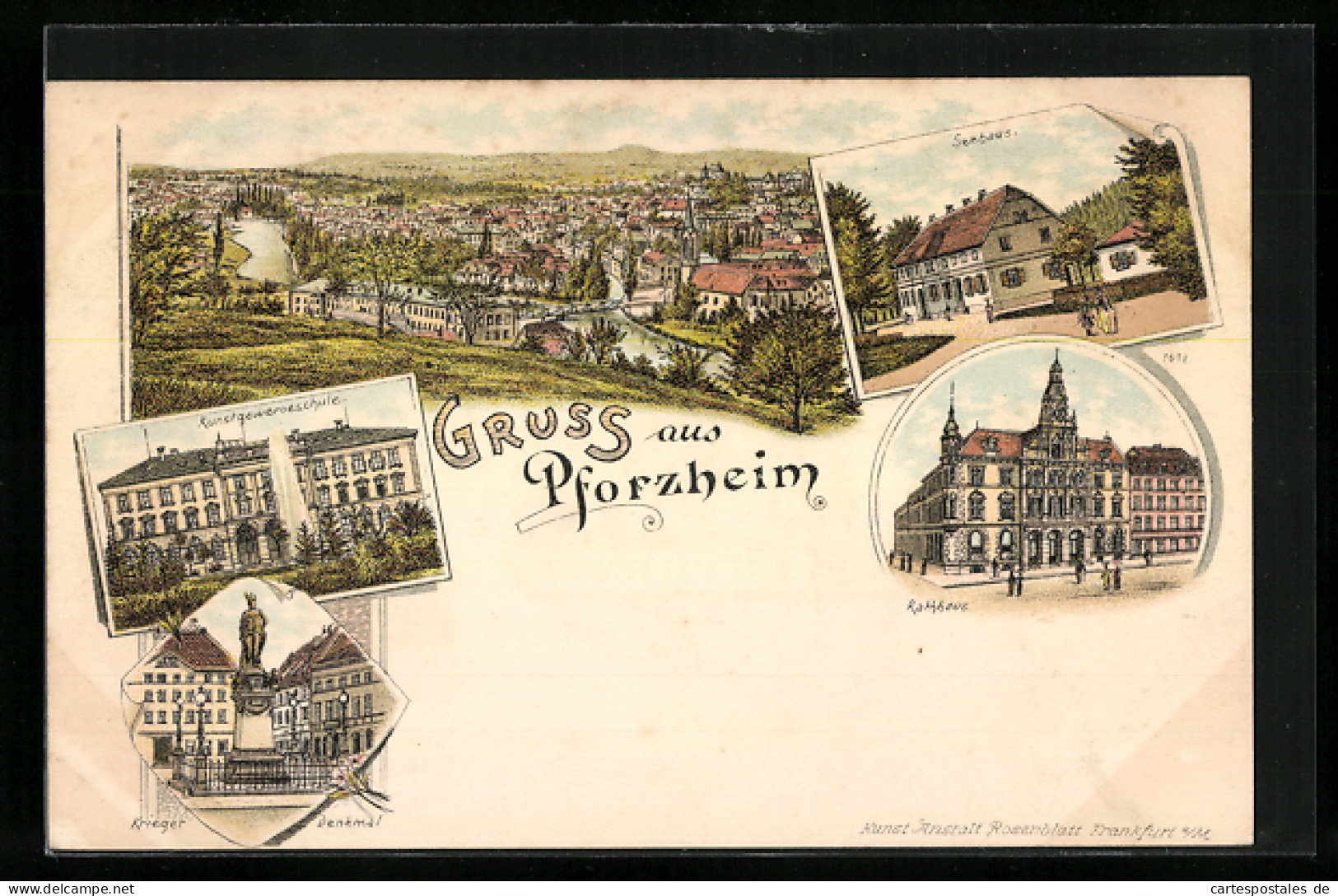 Lithographie Pforzheim, Kunstgewerbeschule, Rathaus, Kriegerdenkmal, Seehaus  - Pforzheim