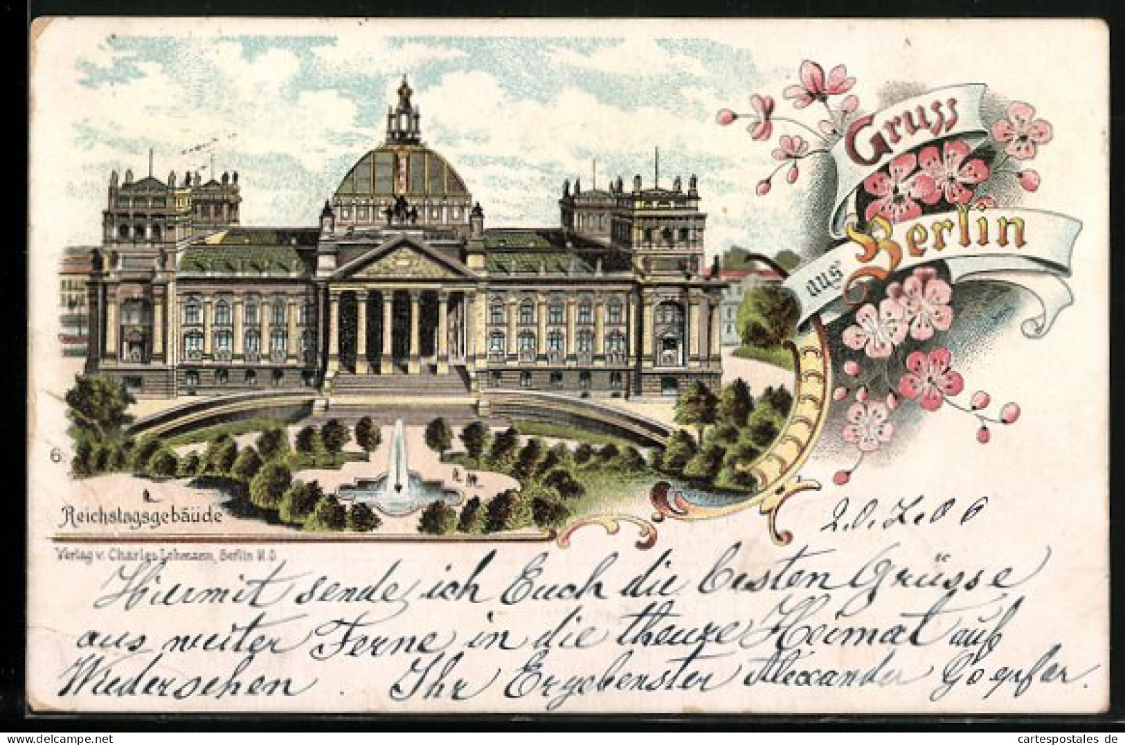 Lithographie Berlin-Tiergarten, Reichstagsgebäude Mit Parkanlage  - Dierentuin