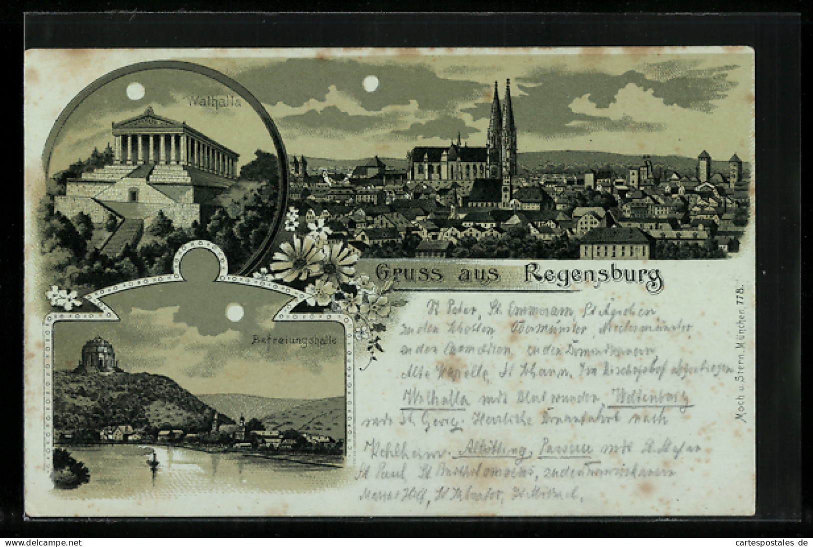 Mondschein-Lithographie Regensburg, Befreiungshalle Und Walhalla  - Regensburg