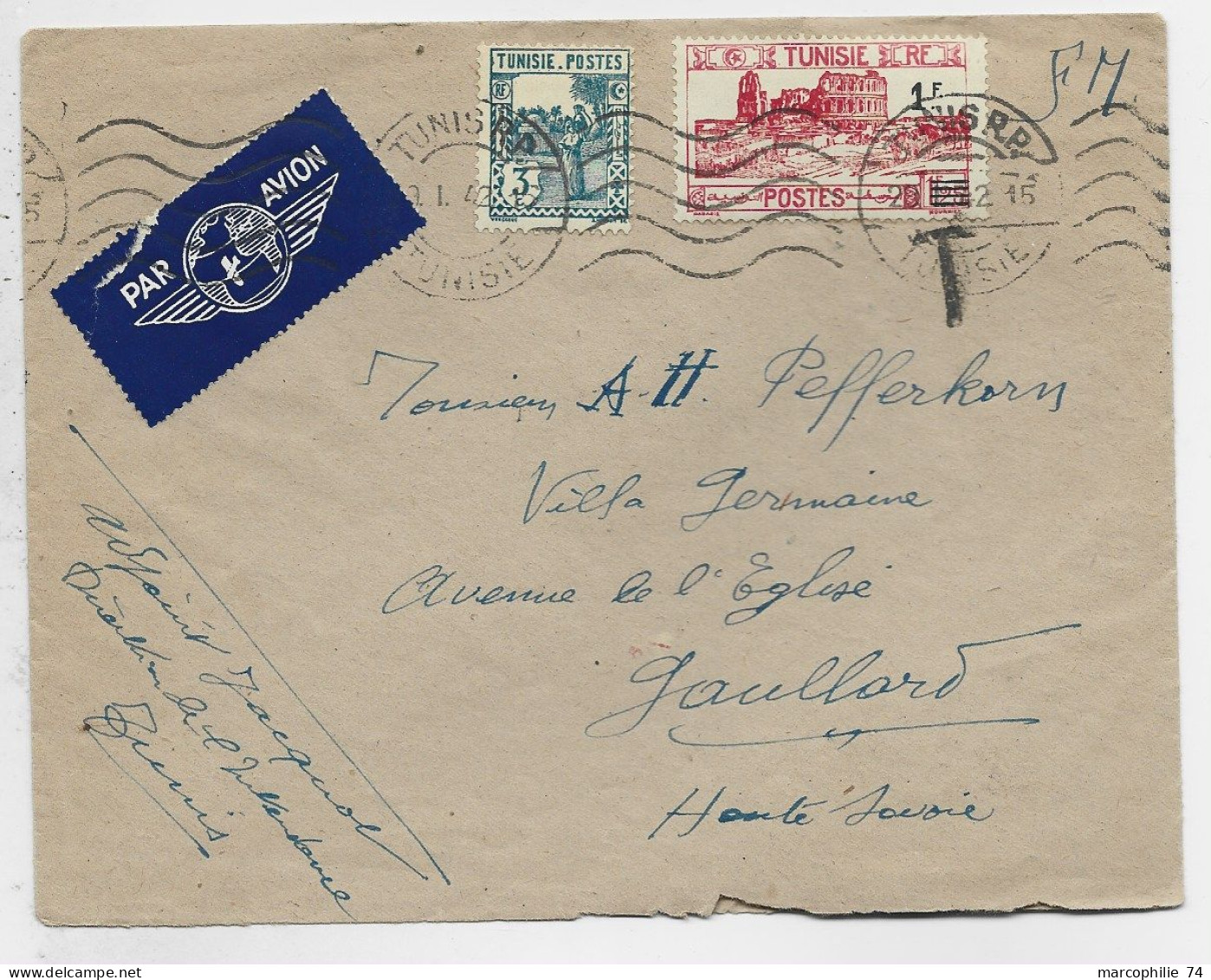 TUNISIE 3FR+1FR LETTRE FM AVION MEC TUNIS RP 29.1.1942 POUR FRANCE - Brieven En Documenten