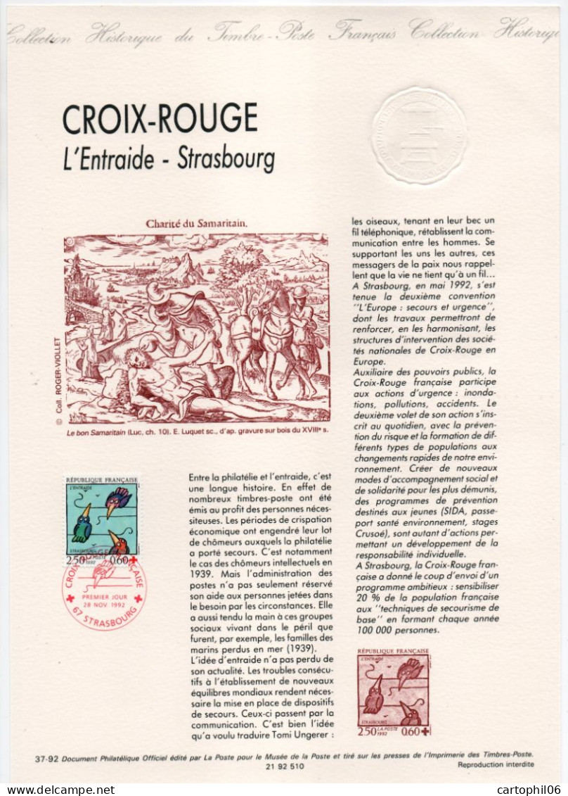 - Document Premier Jour Timbre CROIX-ROUGE - STRASBOURG 28.11.1992 - - Rotes Kreuz
