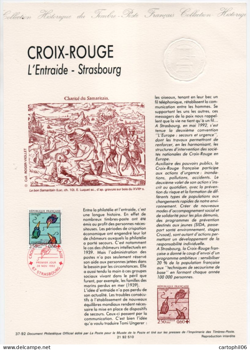 - Document Premier Jour Timbre CROIX-ROUGE - STRASBOURG 28.11.1992 - - Red Cross