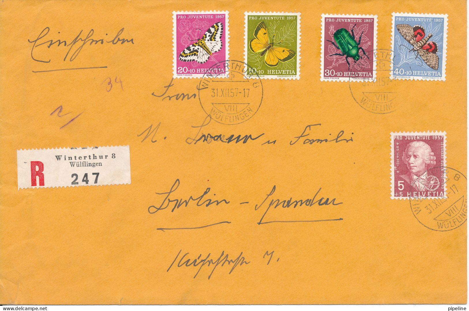 Switzerland Registered Cover Sent To Germany 31-12-1957 Butterflies (complete Set Pro Juventute 1957) - Brieven En Documenten