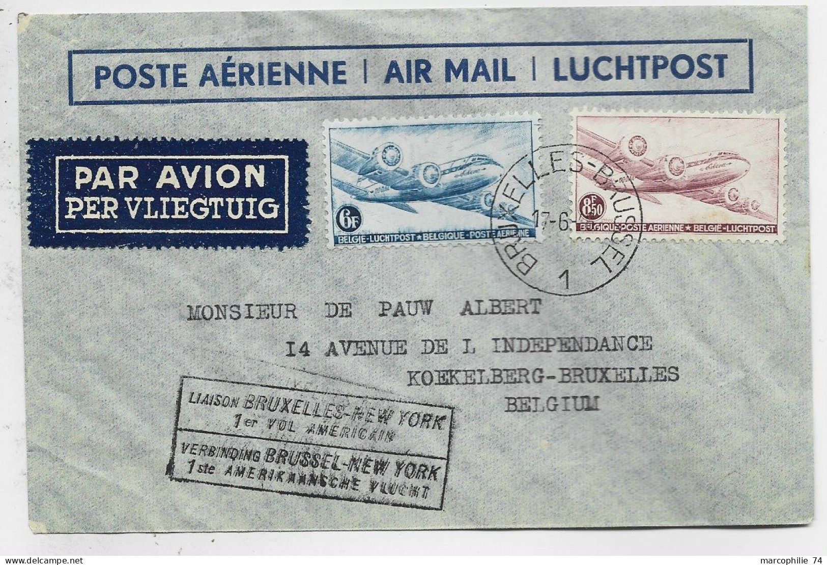 BELGIQUE PA 6FR+8FR50 LETTRE COVER AVION BRUXELLES 17.6.1946 LIAISON BRUXELLES NEW YORK - Briefe U. Dokumente