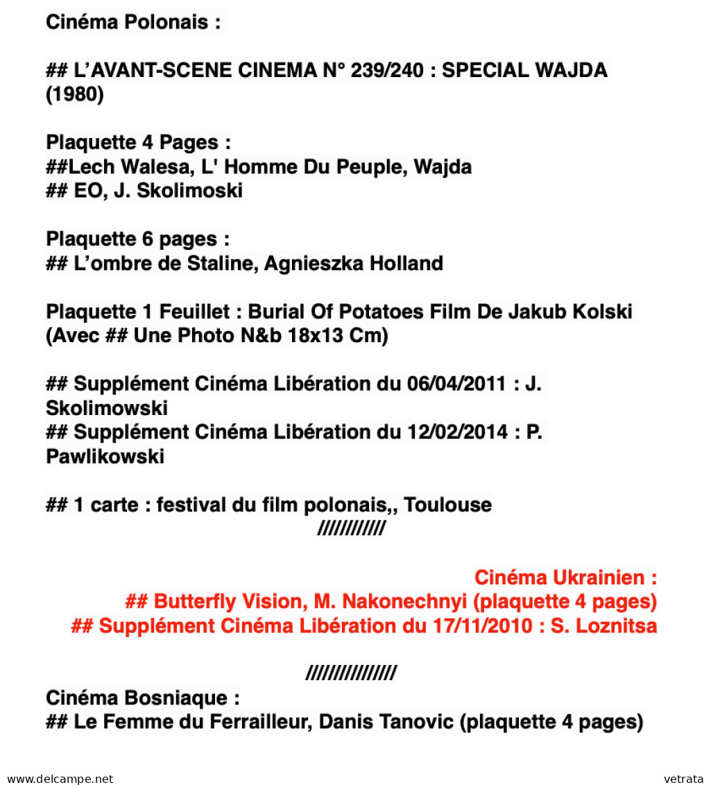 Cinéma Polonais/Hongrois/Bosniaque/Tchèque/Lituanien & Kazakh : 22 Documents (Revue-Suppléments Cinéma Libération-Plaque - Revistas