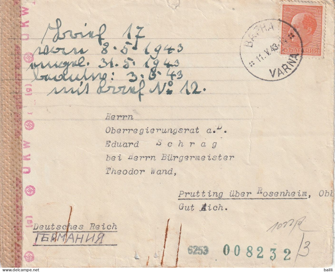 Bulgarie Lettre Censurée Varna Pour L'Allemagne 1943 - Storia Postale