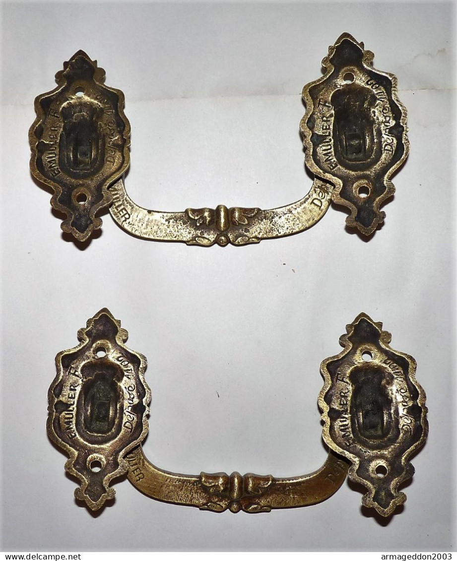 ANCIEN LOT 2 POIGNEES DE TIROIR BRONZE SIGNE E. MULLER PARIS STYLE LOUIS XV TBE