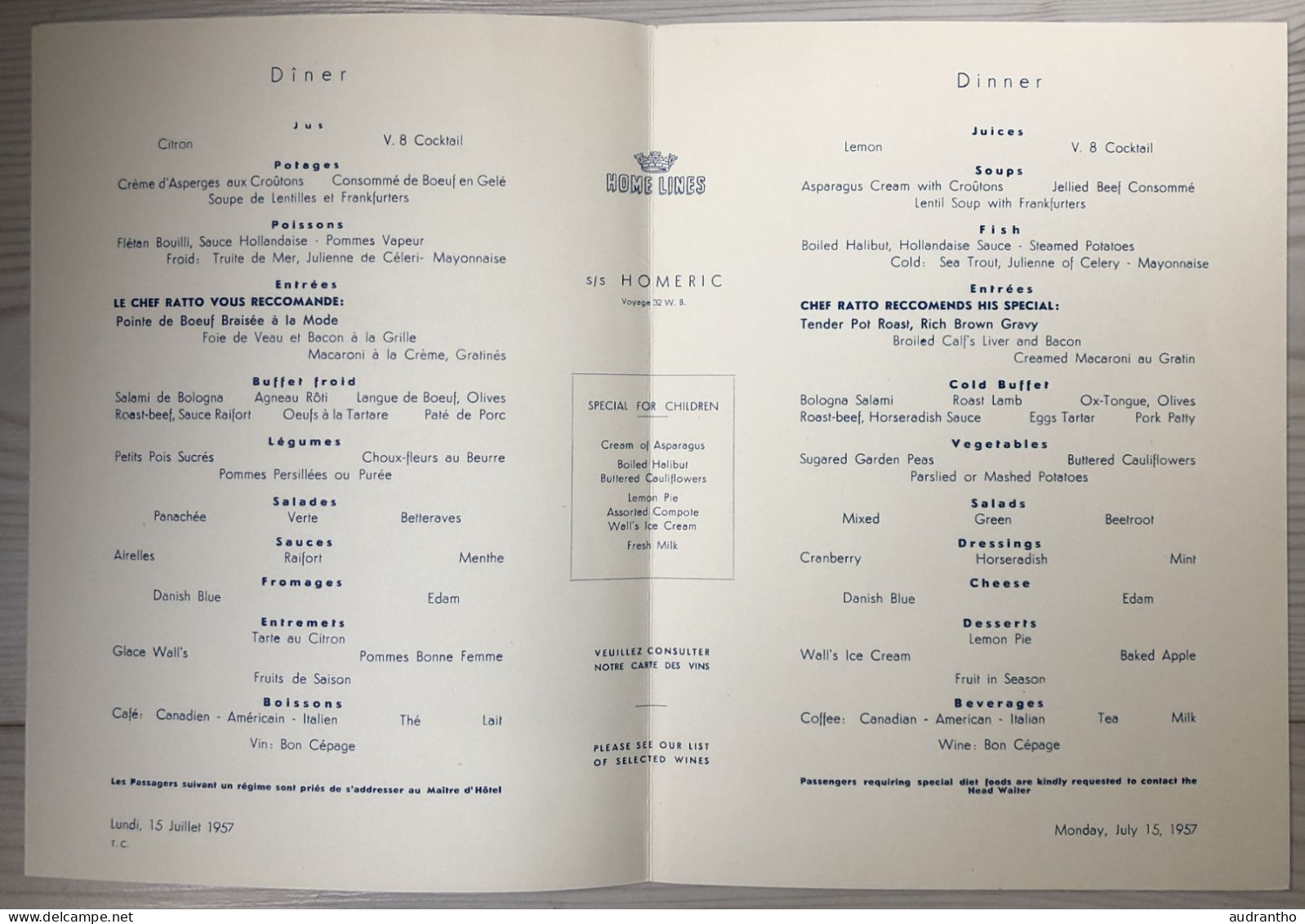 Menu 15 Juillet 1957 Paquebot HOMERIC HOME LINES Flagship Admiral Nelson Compagnie Maritime Croisière - Menu