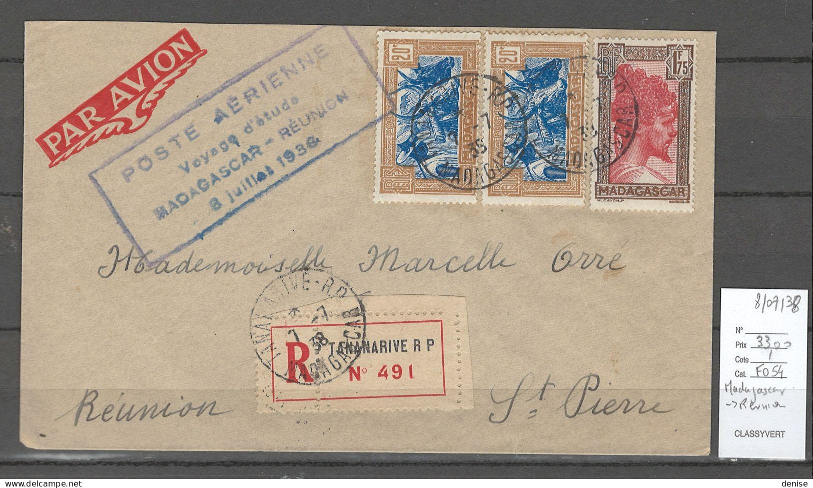 Madagascar - Voyage D'études Pour La Réunion - 07/1936 - Airmail