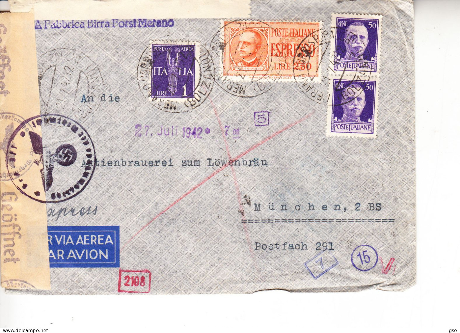 ITALIA  1942 -  Espresso - Posta Aerea Da Milano In  Germania      "Verificato Per Censura" - Poststempel (Flugzeuge)