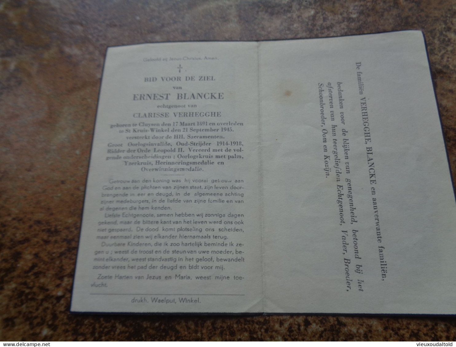 Doodsprentje/Bidprentje  ERNEST BLANCKE   Cluysen1891-1945 St Kr. Winkel   Oud-Strijder 1914-'18 Yzerkruis ...... - Religion &  Esoterik