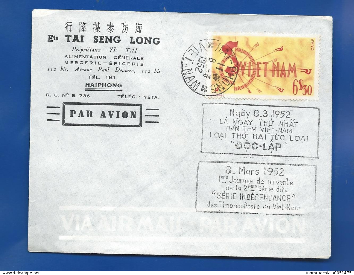 VIET-NAM Enveloppe Avec Timbre Poste  Oblitération HAIPHONG 8-3-1952 - Vietnam