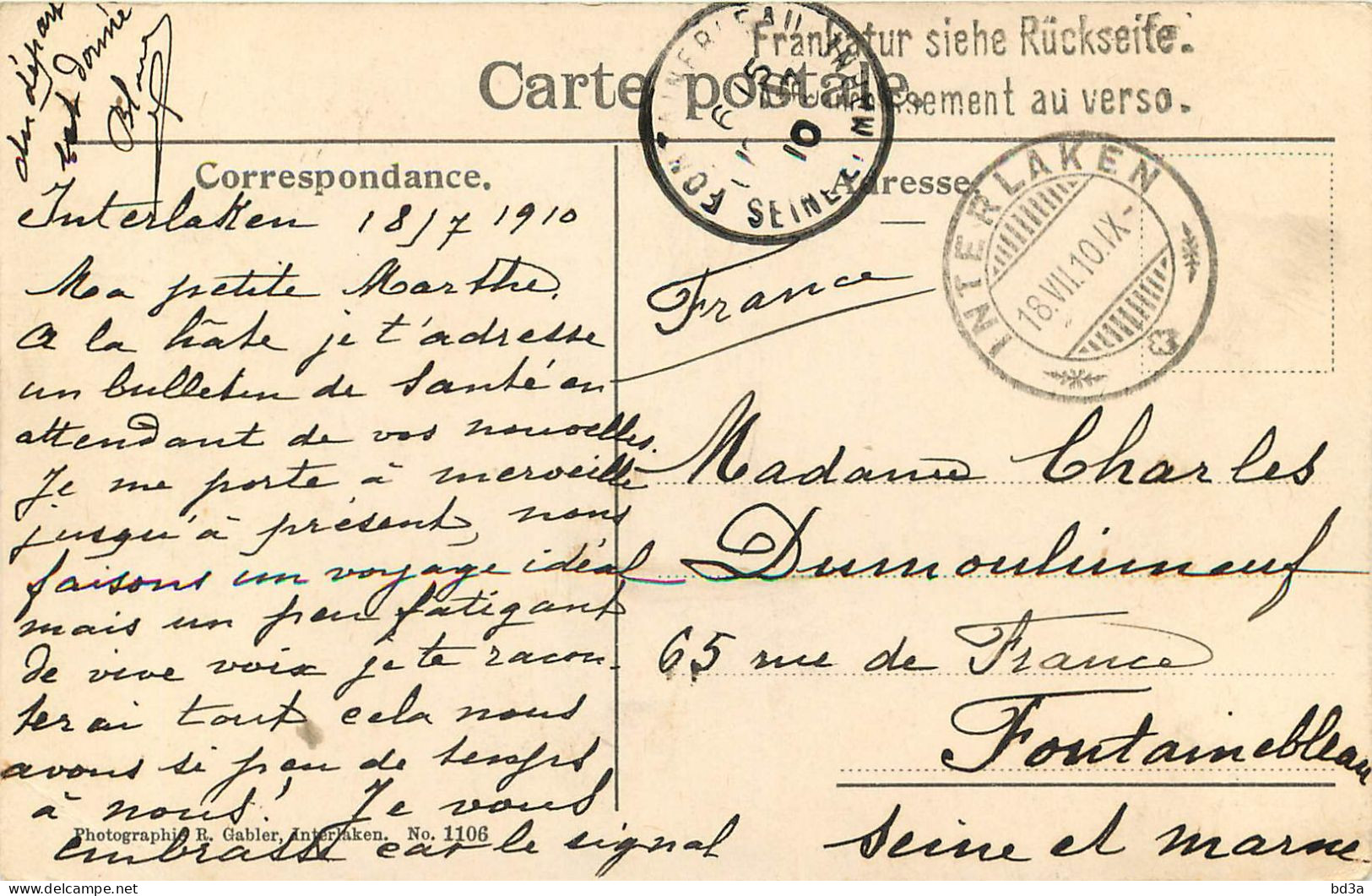  SUISSE  -  MARCOPHILIE -  INTERLAKEN 1910   POUR  FONTAINEBLEAU - Poststempel