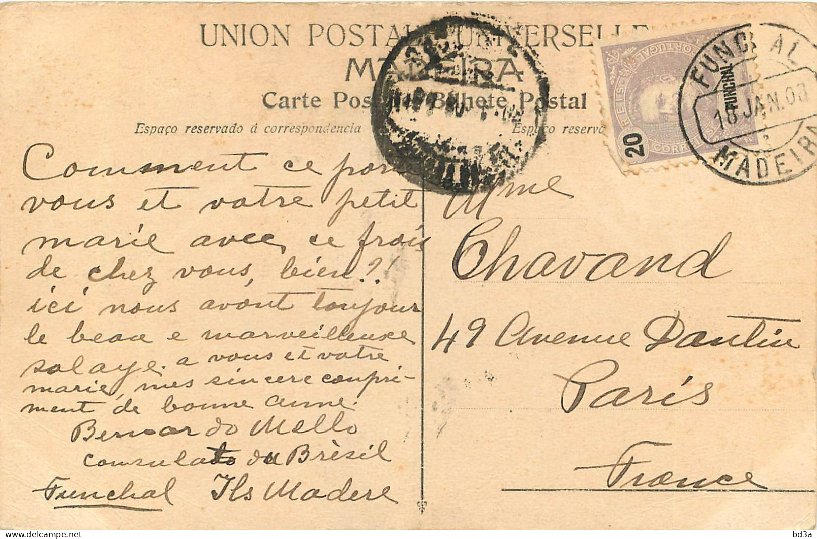  PORTUGAL -  MARCOPHILIE MADEIRA - FUNCHAL POUR PARIS  1908 - Poststempel (Marcophilie)