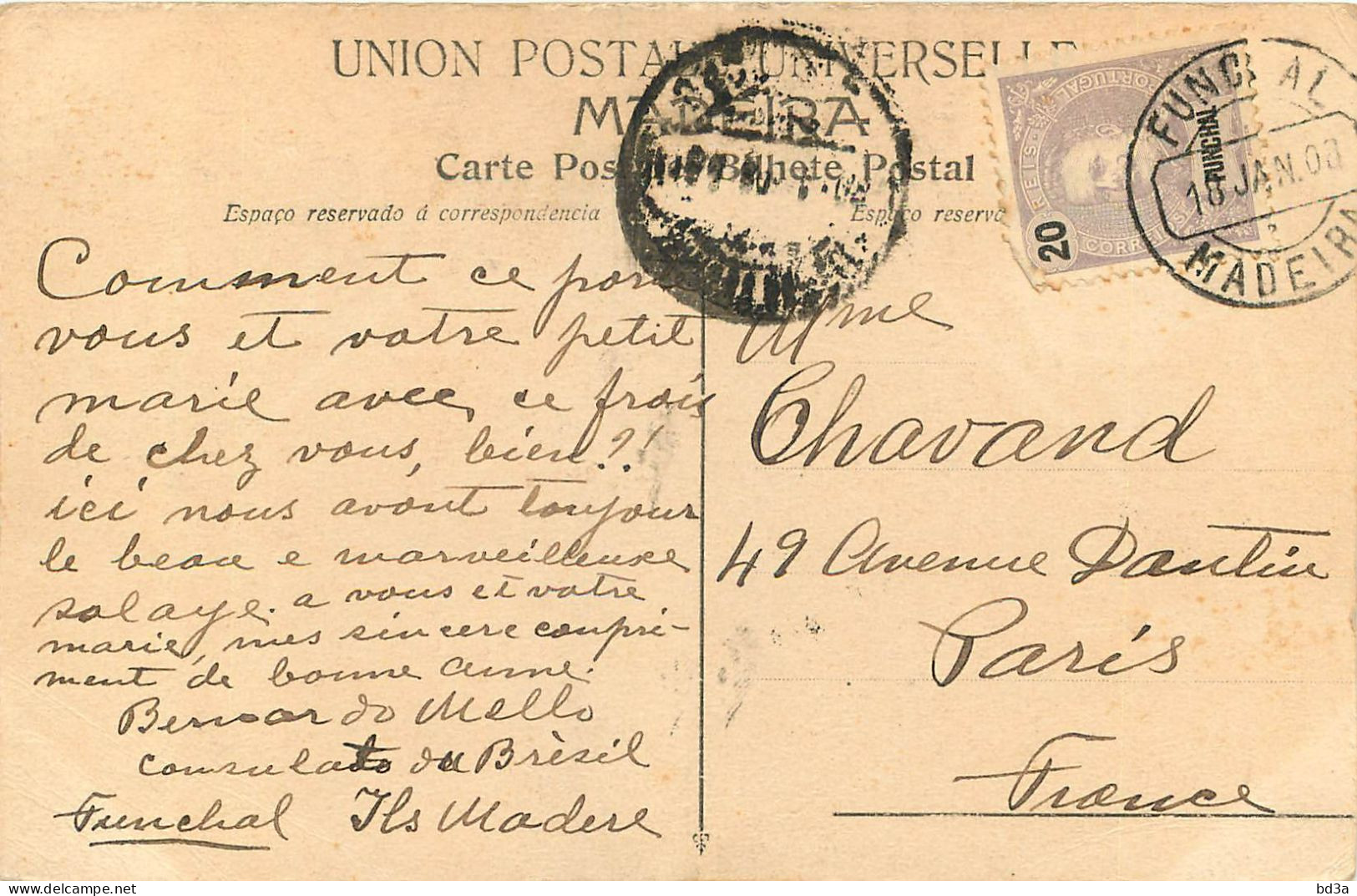  PORTUGAL -  MARCOPHILIE MADEIRA - FUNCHAL POUR PARIS  1908 - Marcophilie