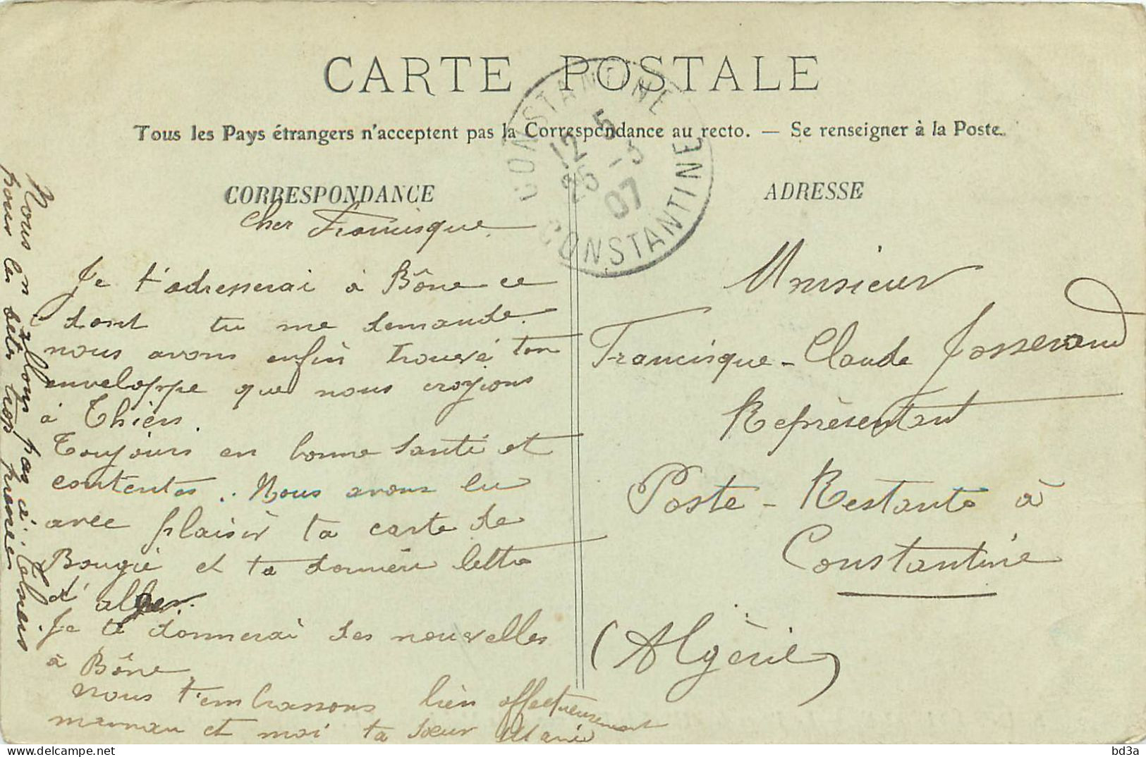 CACHET CONSTANTINE 1907 POSTE RESTANTE A CONSTANTINE  - Autres & Non Classés