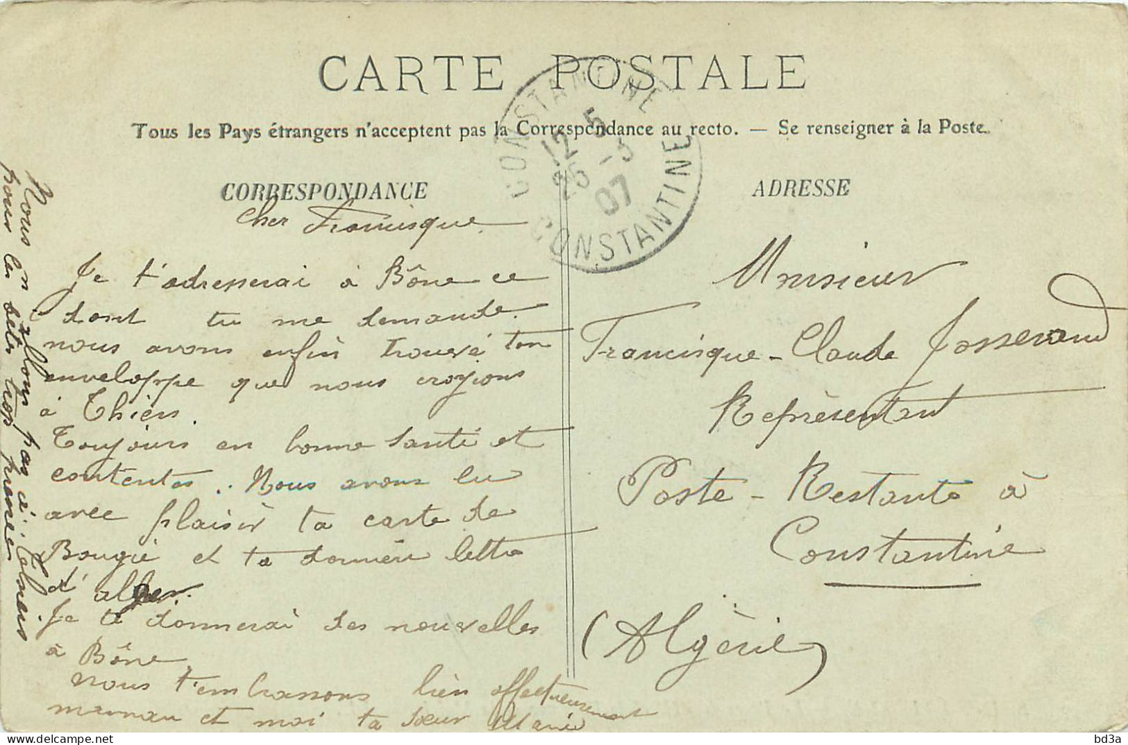 CACHET CONSTANTINE 1907 POSTE RESTANTE A CONSTANTINE  - Altri & Non Classificati