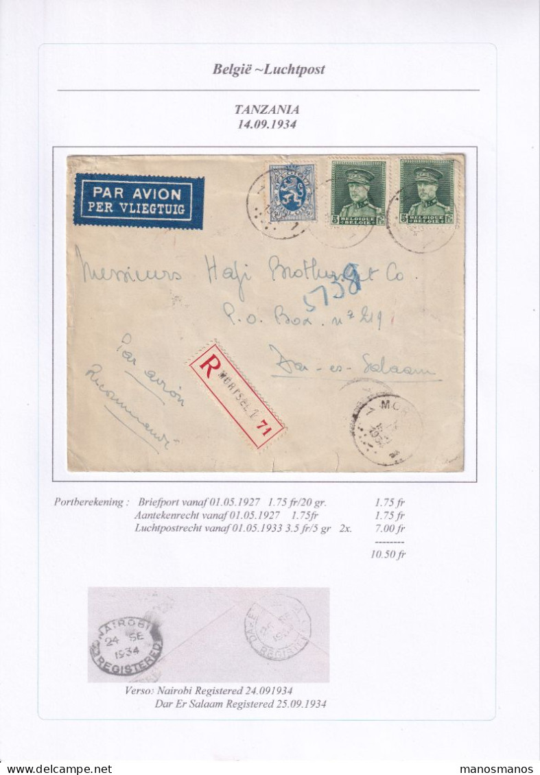 971/40 -- PAR AVION - Enveloppe Recommandée TP Képis MORTSEL 1934 Vers DAR ES SALAAM Tanzania - Storia Postale