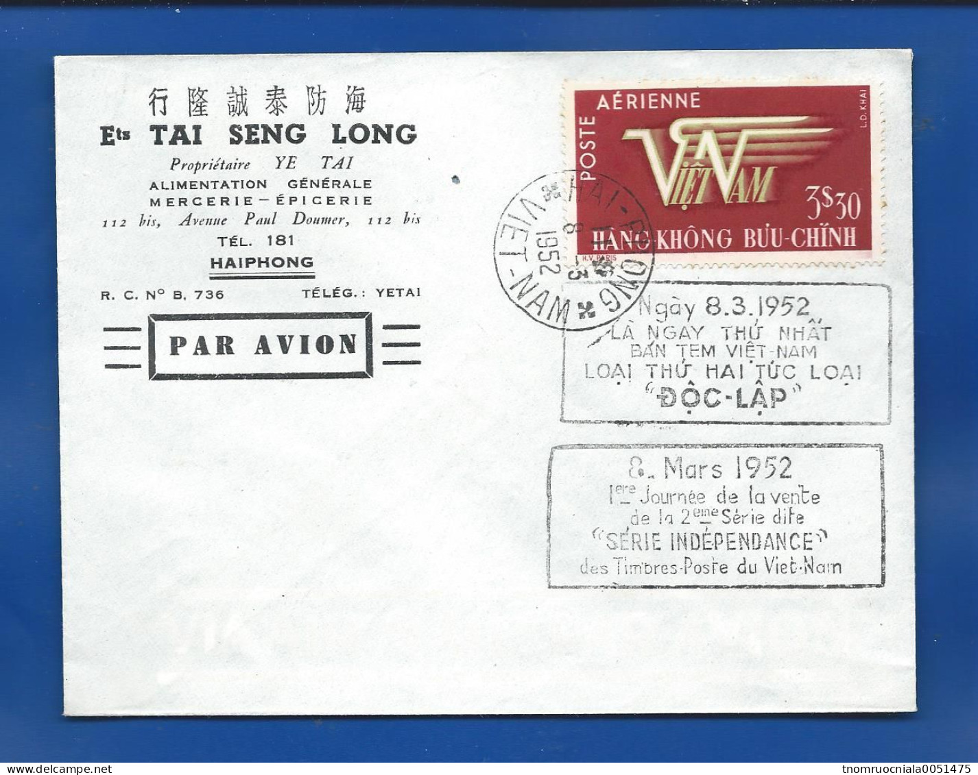 VIET-NAM Enveloppe Avec Timbre Poste Aérienne  Oblitération HAIPHONG 8-3-1952 - Viêt-Nam