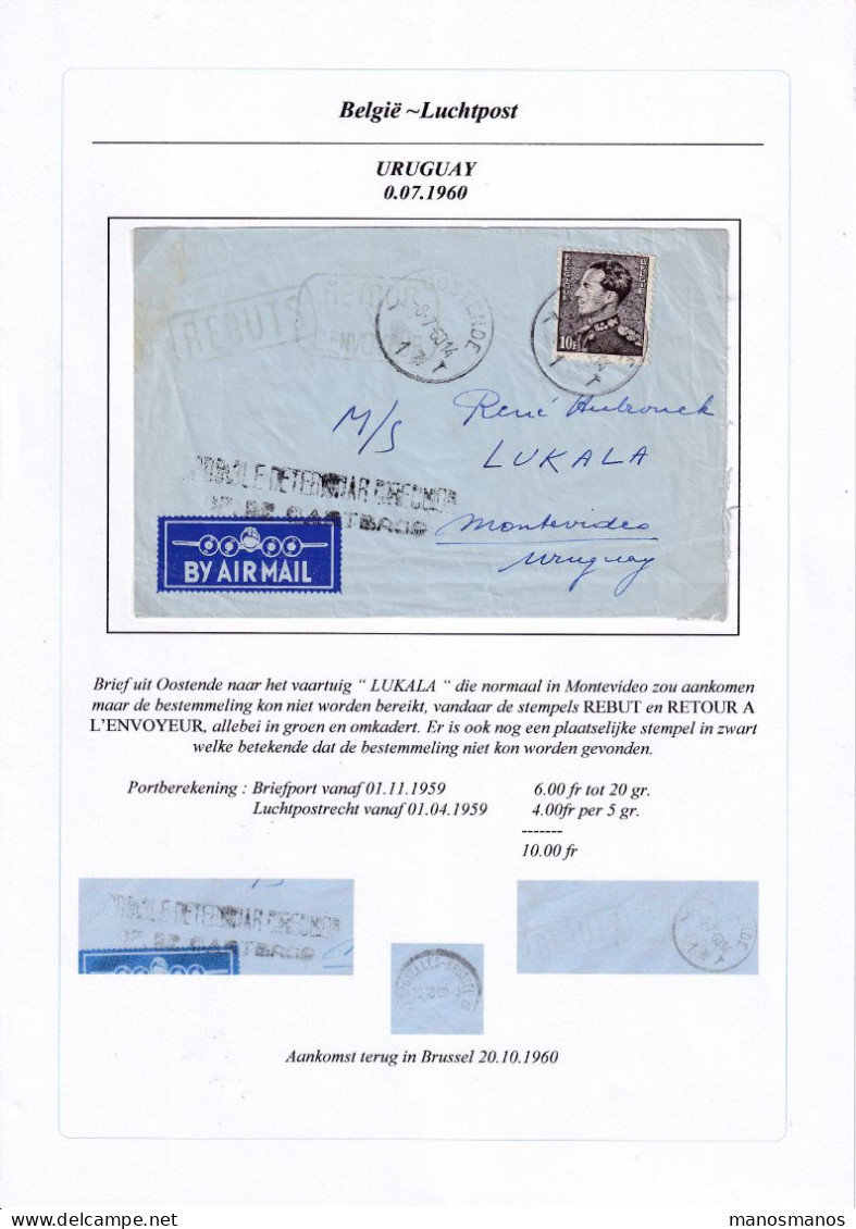 972/40 -- PAR AVION - Enveloppe TP Poortman OOSTENDE 1960 Vers MONTEVIDEO Uruguay - REBUTS - RETOUR - Storia Postale