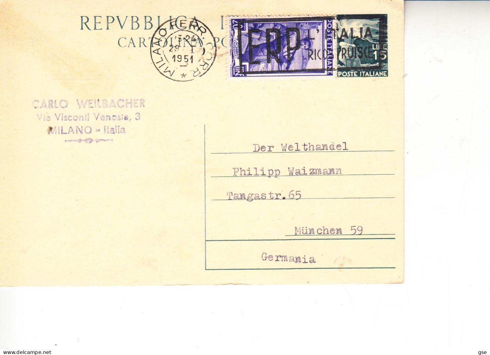 ITALIA 1951 - Intero Postale Per La Germania Con Annullo "ERP - Stamped Stationery
