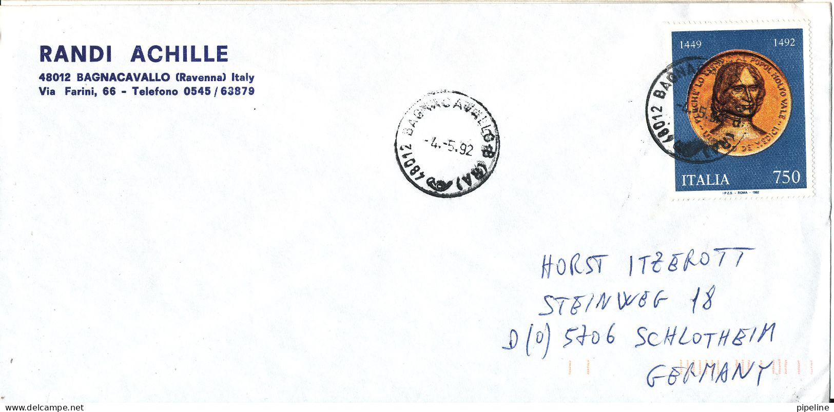 Italy Cover Sent To Germany  4-5-1992 Single Franked - 1991-00: Marcofilie