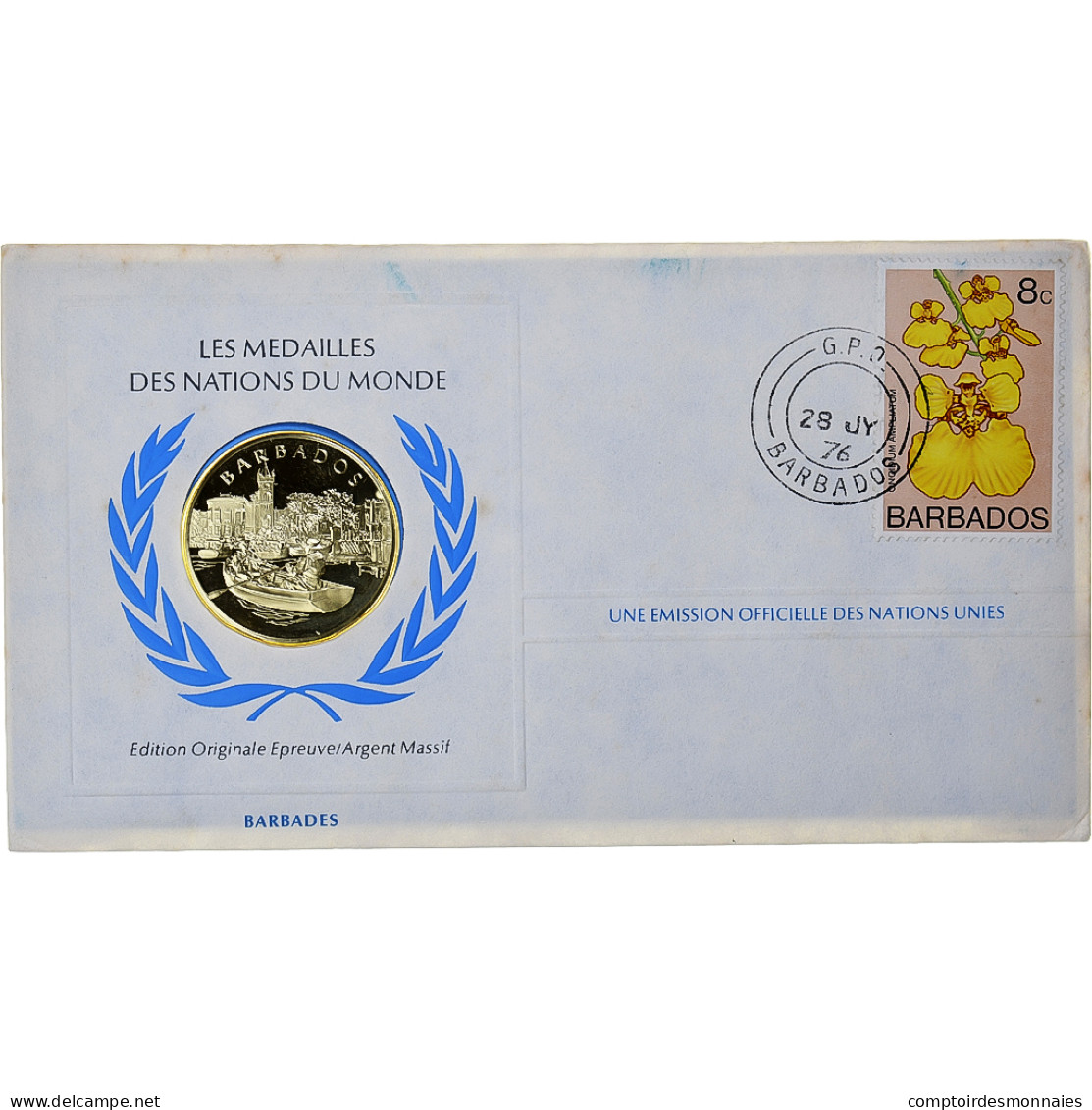 Barbade, Medal + Stamp, United Nations, 1976, Argent, BE, FDC - Sonstige & Ohne Zuordnung