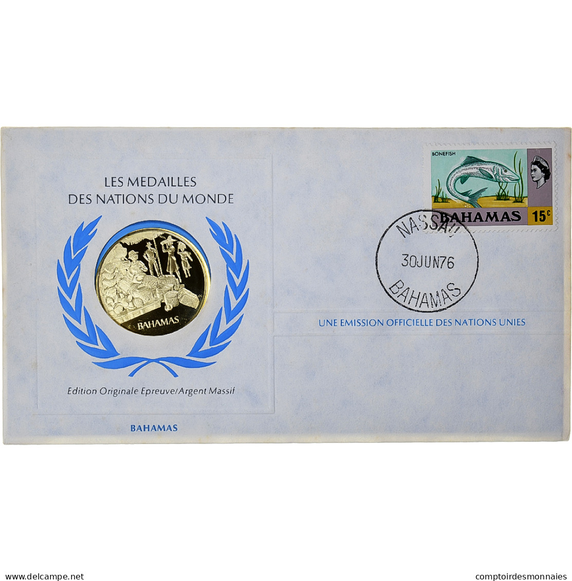 Bahamas, Medal + Stamp, United Nations, 1976, Argent, BE, FDC - Altri & Non Classificati