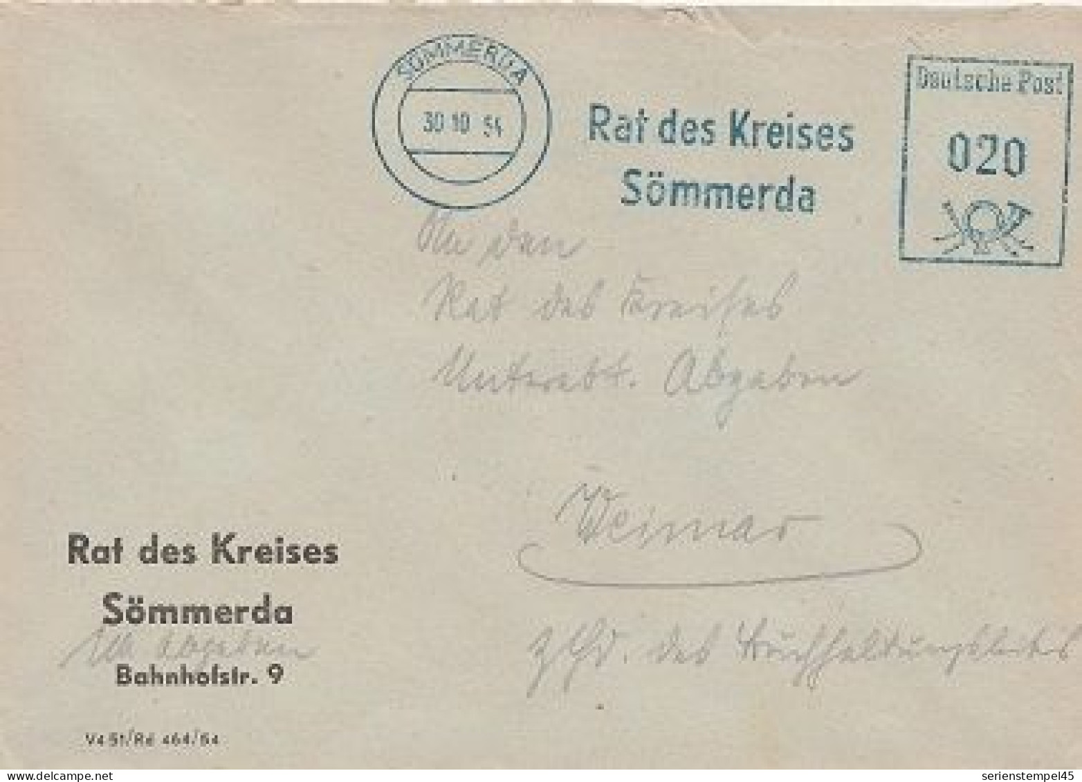 DDR Brief Mit Freistempel Sömmerda 1954 Blau Rat Des Kreises Sömmerda - Machines à Affranchir (EMA)