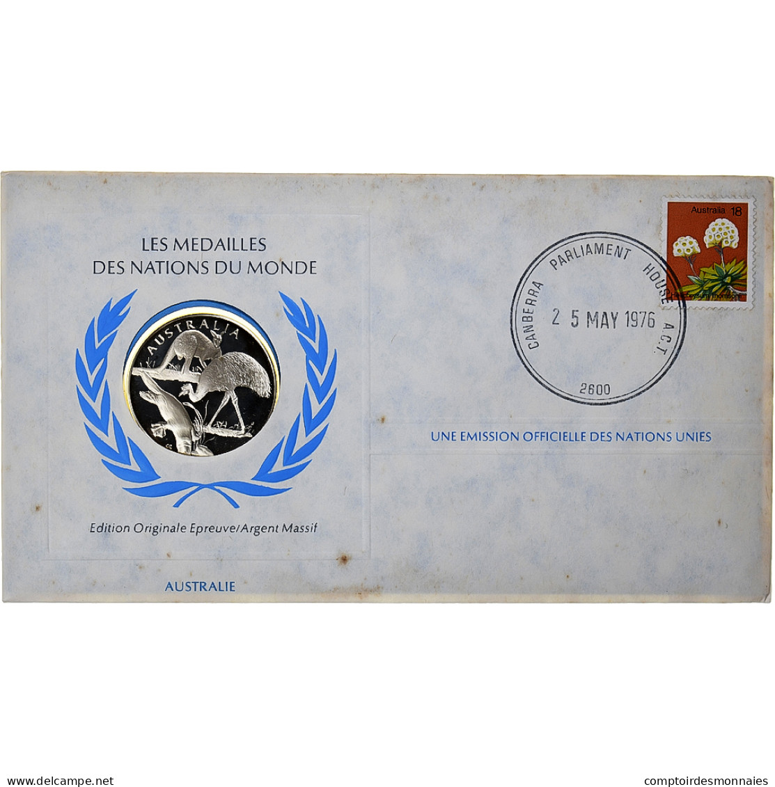 Australie, Medal + Stamp, United Nations, 1976, Argent, BE, FDC - Sonstige & Ohne Zuordnung