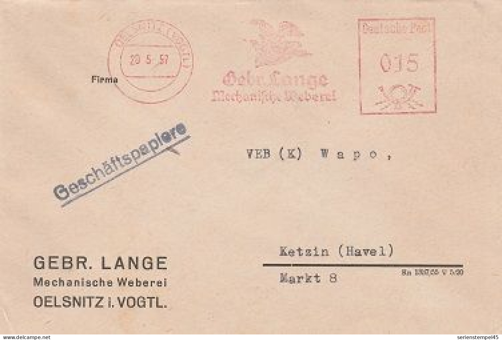 DDR Brief Mit Freistempel Oelsnitz Im Vogtland 1957 Rot Gebr. Lange Mechanisch Weberei - Machines à Affranchir (EMA)