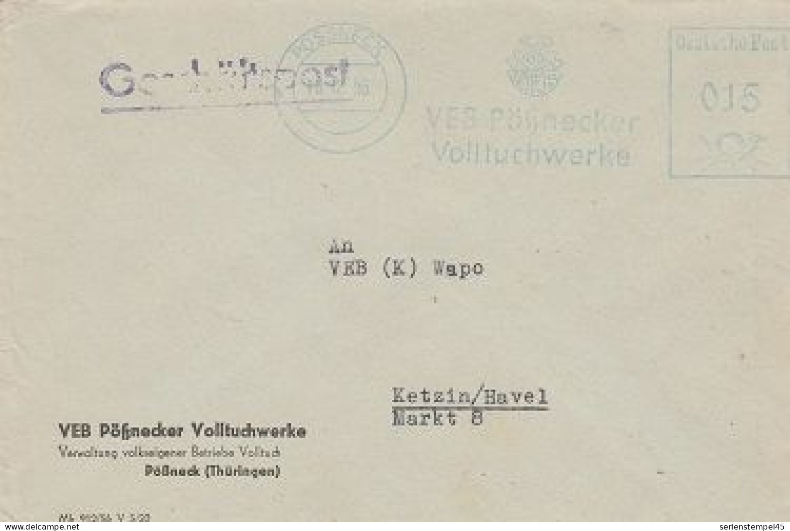 DDR Brief Mit Freistempel Pössneck 1956 Blau VEB Pößnecker Volltuchwerke - Machines à Affranchir (EMA)
