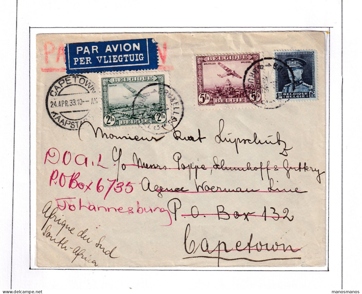 974/40 -- PAR AVION - Enveloppe TP PA Et Képis BRUXELLES 1933 Vers CAPETOWN South Africa, Puis JOHANNESBURG - Cartas & Documentos