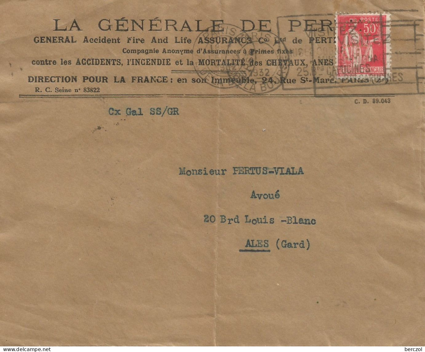 FRANCE ANNEE 1932 N°283 PERFORE GP LA GENERAL DE PERTH SUR ENVELOPPE PARIS 15 XI 32 TB   - Storia Postale