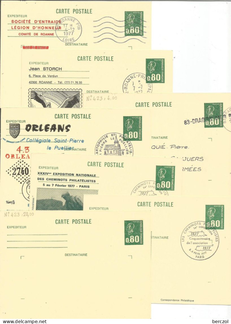 FRANCE ANNEE 1975 LOT DE 7 ENTIERS TYPE MARIANNE DE BECQUET N°1891  CP1 REPIQUE + OBLIT. TB  - Overprinter Postcards (before 1995)