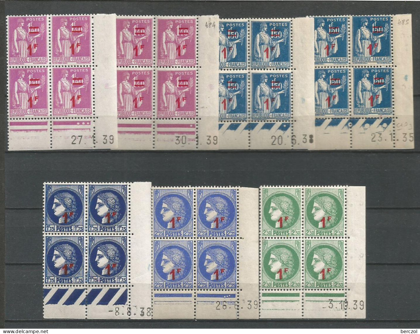 FRANCE ANNEE 1941 N°484 à 488 LOT DE 7 BLOCS DE 4 EX COINS DATES NEUFS** MNH TB COTE 32,50 €  - 1940-1949