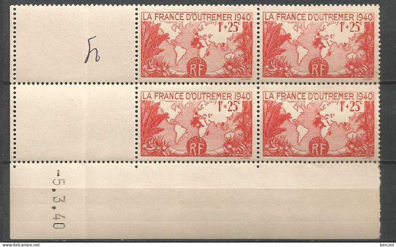 FRANCE ANNEE 1940 N°453 BLOC DE 4 EX COIN DATE 5/3/40 NEUF** MNH TB COTE 18,00 € - 1940-1949