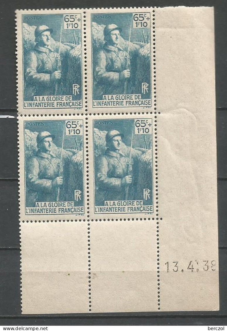 FRANCE ANNEE 1938 N°387 BLOC DE 4 EX COIN DATE 13/4/38 NEUFS** MNH TB COTE 35,00 € - 1930-1939