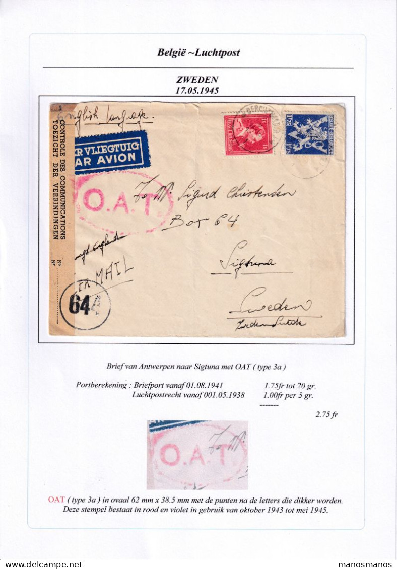 975/40 -- PAR AVION - Enveloppe TP Lion Et Col Ouvert 1945 Vers La Suède - Ovale O.A.T. Et Censure Des Communications - Covers & Documents