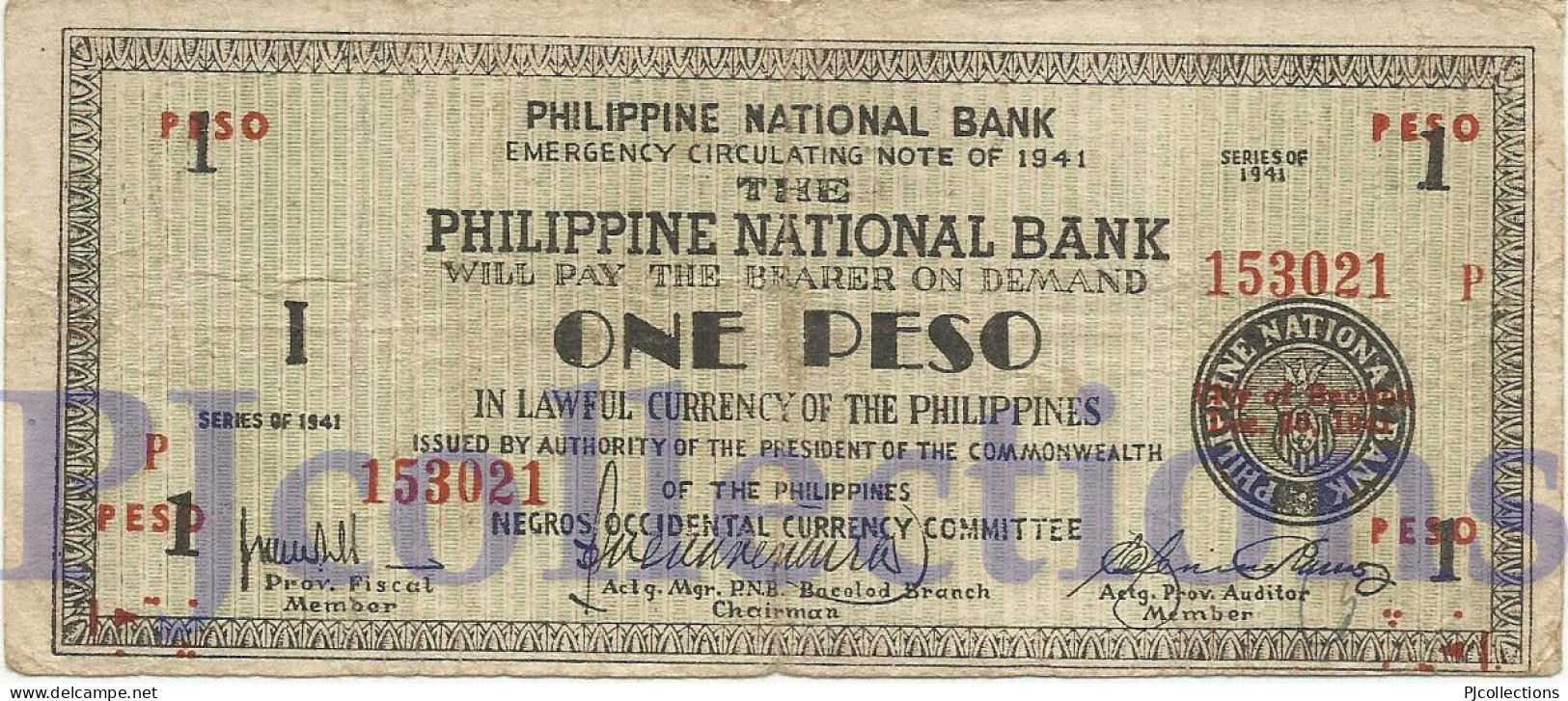 PHILIPPINES 1 PESO 1941 PICK S624b AVF EMERGENCY BANKNOTE - Filipinas