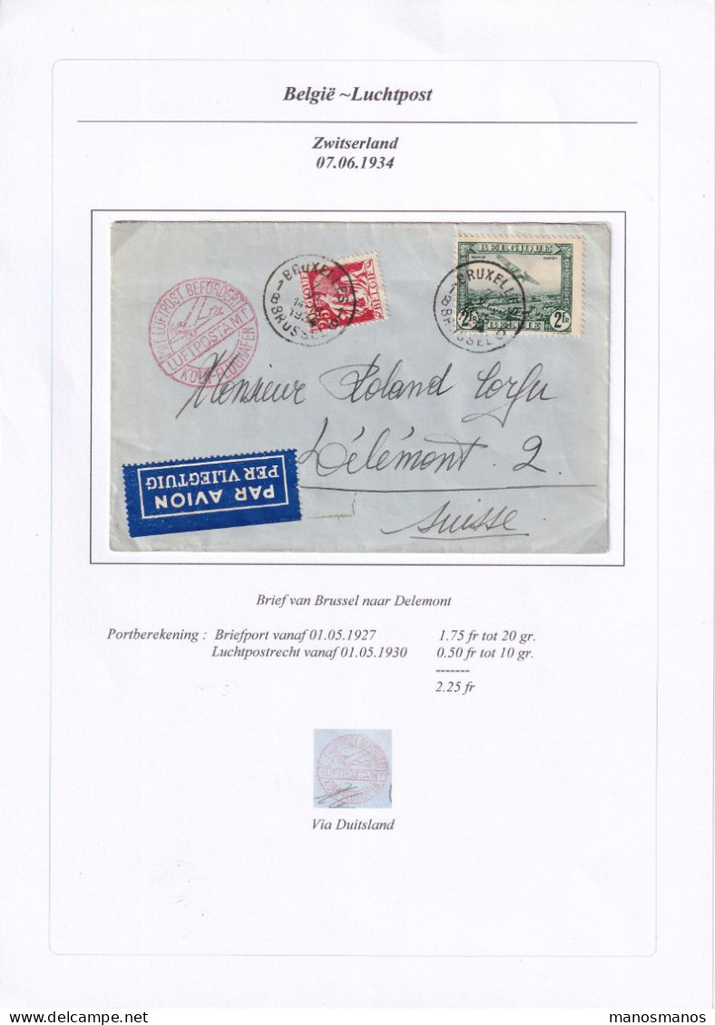976/40 -- PAR AVION - Enveloppe TP PA Et Cérès BRUXELLES 1934 Vers DELEMONT Suisse - Cachet KOLN Flughafen - Brieven En Documenten
