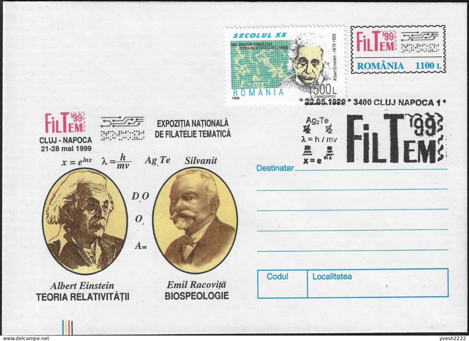 Roumanie 1999 Entier Postal Albert Einstein Et Emil Racovita. Théorie De La Relativité, Formules - Albert Einstein