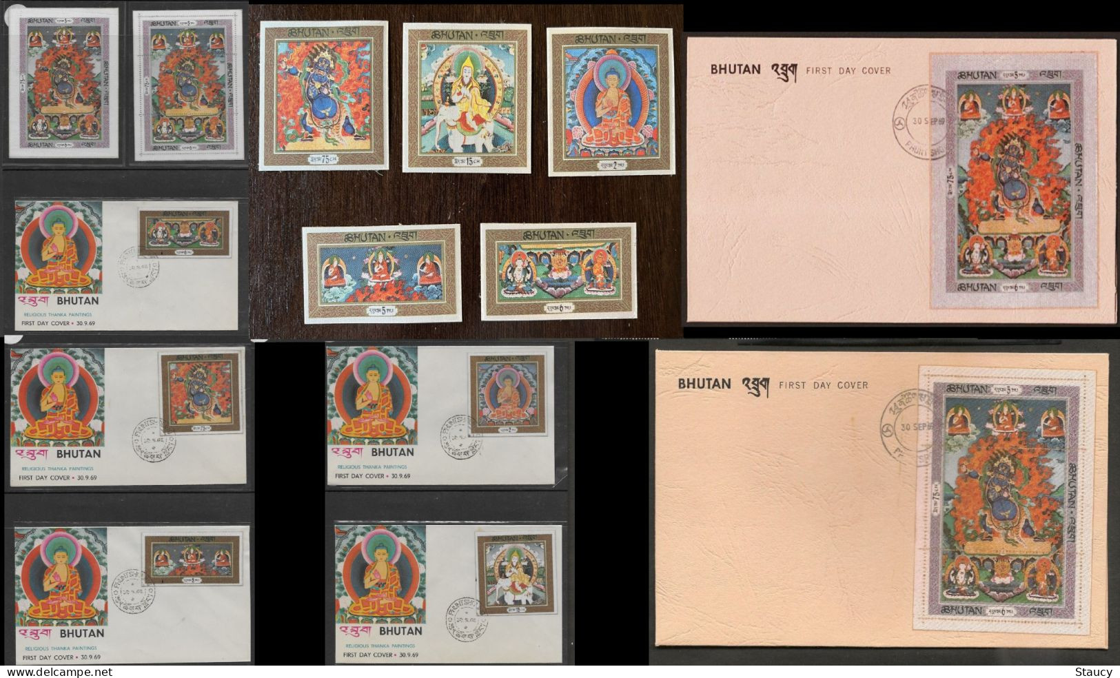 BHUTAN 1969 RELIGIOUS THANKA PAINTINGS BUDHA-SILK CLOTH Unique Stamp 5v Set + 2 Souvenir Sheet + (5 + 2 SS FDC's Scan - Bhoutan