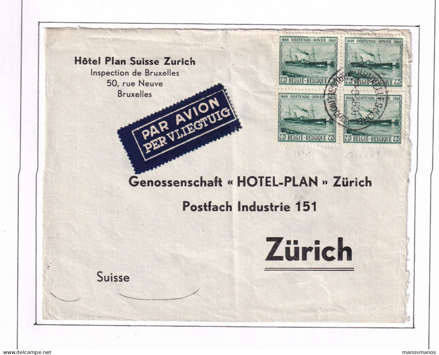 977/40 -- PAR AVION - Enveloppe TP Ostende-Douvres (Bloc De 4) BRUXELLES 1946 Vers ZURICH Suisse - Briefe U. Dokumente