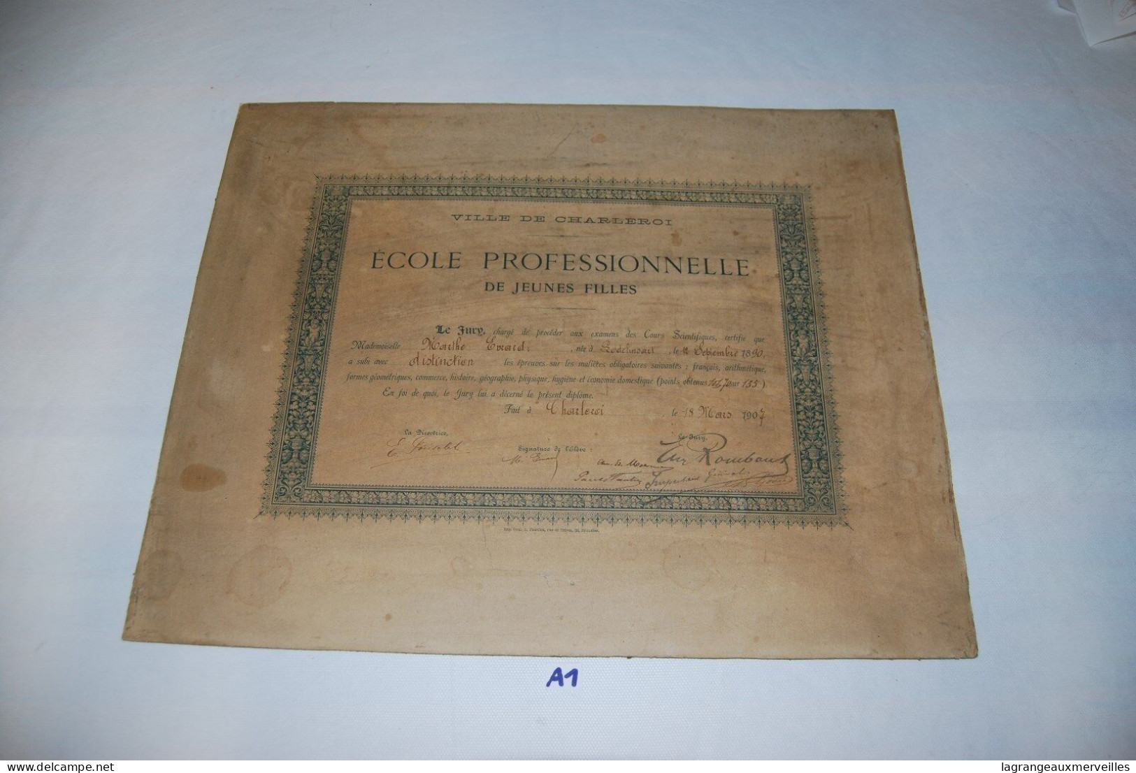 A1 Diplôme - Ecole Jeunes Filles - Lodelinsart - Charleroi 1907 - Diplômes & Bulletins Scolaires