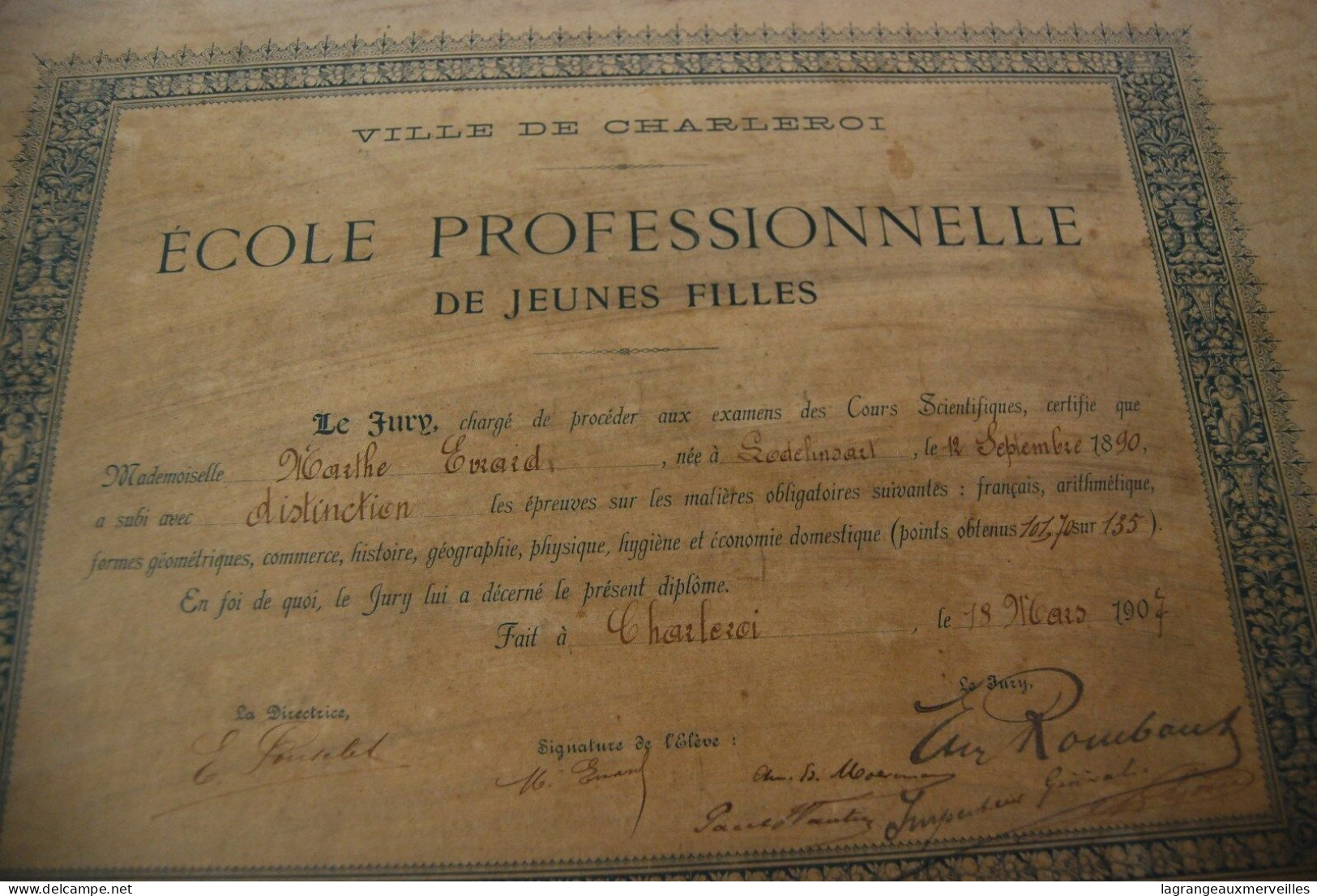 A1 Diplôme - Ecole Jeunes Filles - Lodelinsart - Charleroi 1907 - Diplômes & Bulletins Scolaires